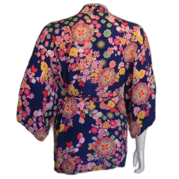 JOSIE Natori Kimono Robe, M, Blue, Multicolor floral, Short, Sash belt, Rayon - Picture 5 of 13